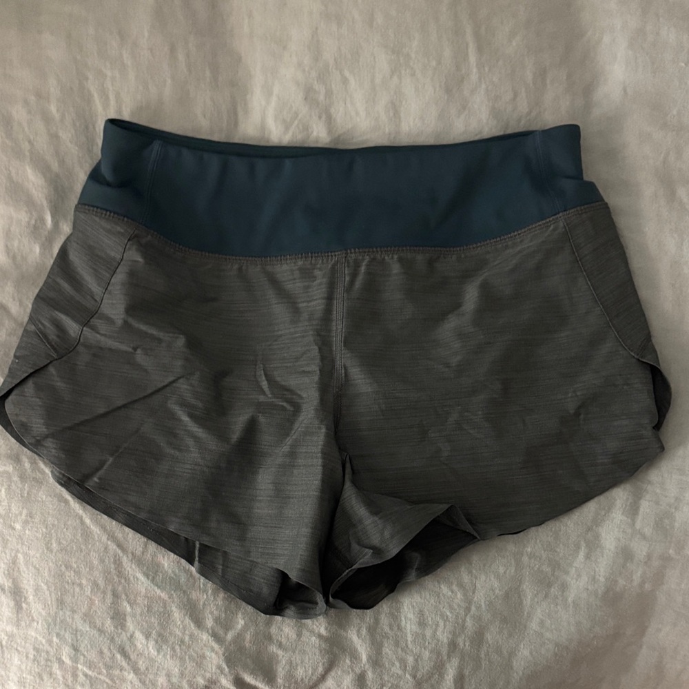 Athleta Two-Tone Athletic Shorts — Charcoal Body with Teal Waistband